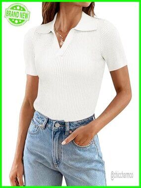 Women V Neck Short Sleeve Sweater Slim Fit Lightweight Knit Top